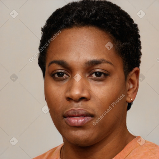 Neutral black young-adult female with short  black hair and brown eyes