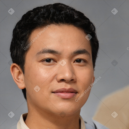 Joyful latino young-adult male with short  brown hair and brown eyes