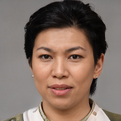 Joyful asian adult female with short  black hair and brown eyes