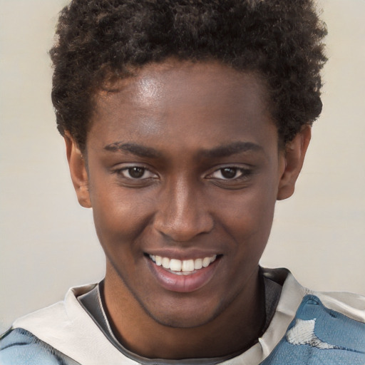 Joyful black young-adult male with short  brown hair and brown eyes