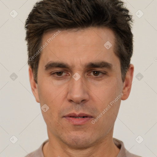 Neutral white adult male with short  brown hair and brown eyes