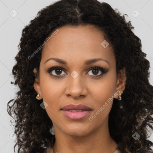 Joyful latino young-adult female with long  brown hair and brown eyes