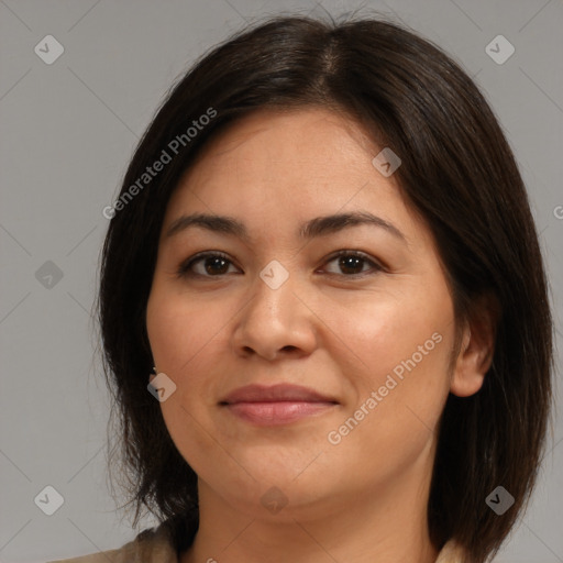 Joyful white young-adult female with medium  brown hair and brown eyes