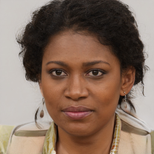 Joyful black young-adult female with long  brown hair and brown eyes
