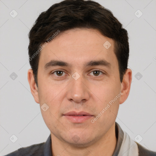 Neutral white adult male with short  brown hair and brown eyes