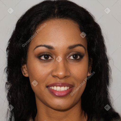 Joyful latino young-adult female with long  brown hair and brown eyes