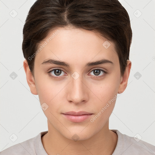 Neutral white young-adult female with short  brown hair and brown eyes