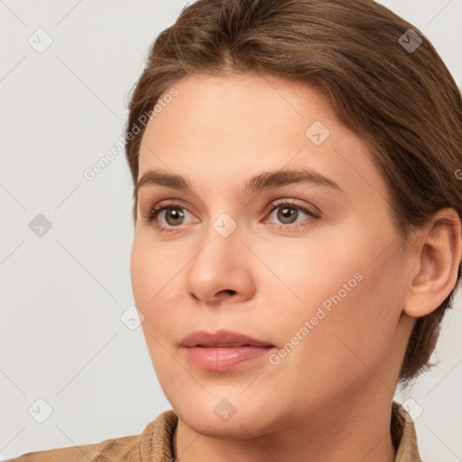 Neutral white young-adult female with short  brown hair and brown eyes