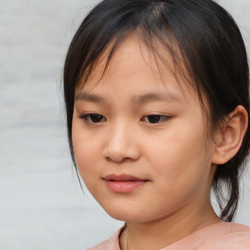 Joyful white child female with medium  brown hair and brown eyes