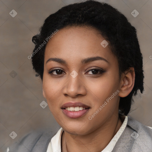 Joyful latino young-adult female with short  black hair and brown eyes