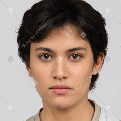 Neutral white young-adult female with medium  brown hair and brown eyes