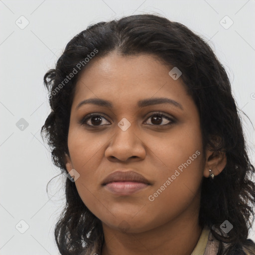 Joyful latino young-adult female with long  black hair and brown eyes