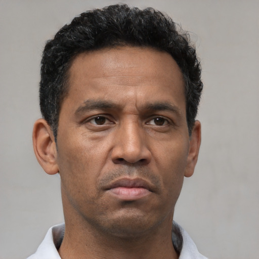 Neutral latino adult male with short  black hair and brown eyes