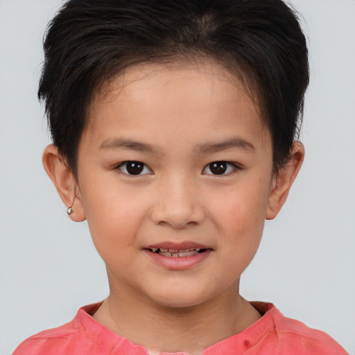 Joyful white child female with short  brown hair and brown eyes