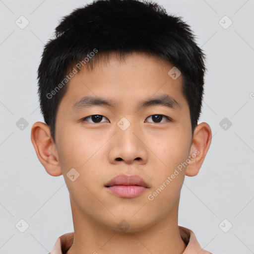 Neutral asian young-adult male with short  brown hair and brown eyes