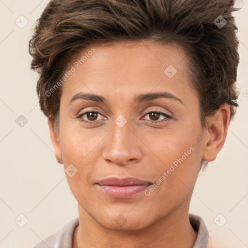 Joyful white young-adult female with short  brown hair and brown eyes