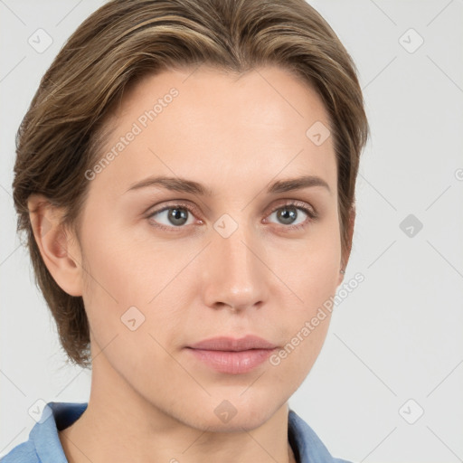 Neutral white young-adult female with medium  brown hair and grey eyes