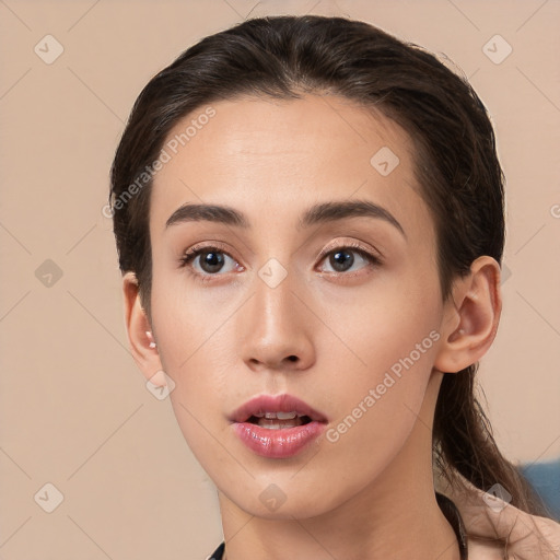 Neutral white young-adult female with medium  brown hair and brown eyes