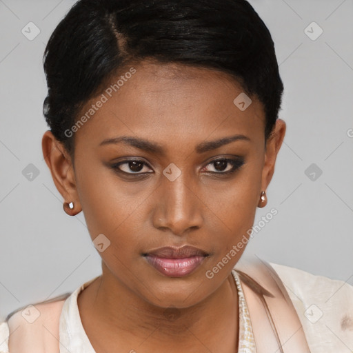 Neutral black young-adult female with short  brown hair and brown eyes