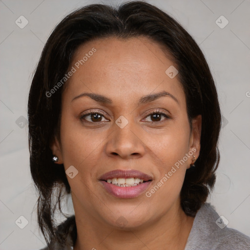 Joyful white adult female with medium  brown hair and brown eyes