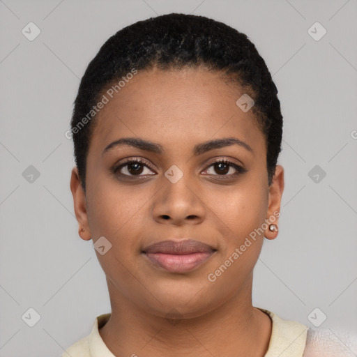 Joyful latino young-adult female with short  black hair and brown eyes