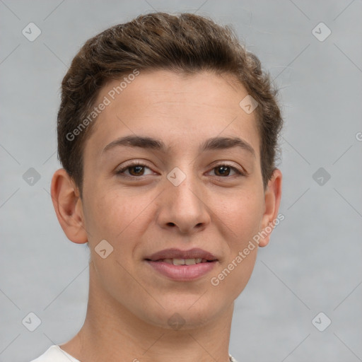 Joyful white young-adult female with short  brown hair and brown eyes