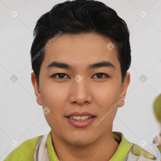 Joyful asian young-adult male with short  black hair and brown eyes