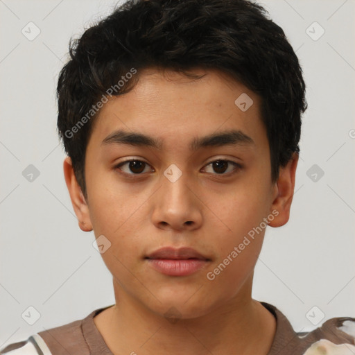 Neutral latino young-adult male with short  black hair and brown eyes