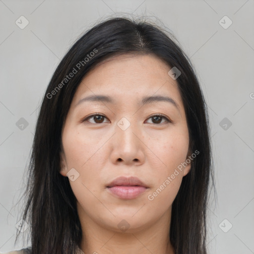 Neutral asian young-adult female with medium  brown hair and brown eyes