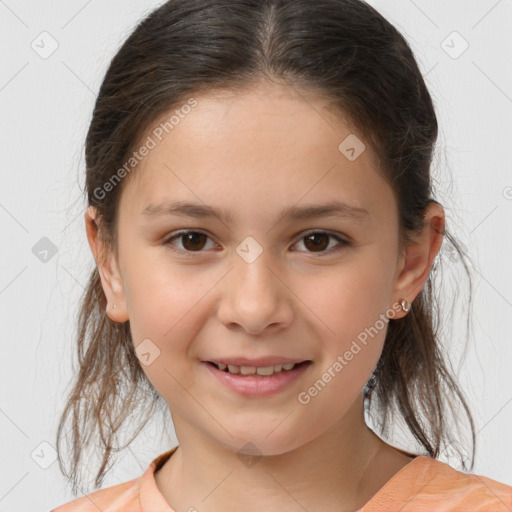 Joyful white child female with medium  brown hair and brown eyes