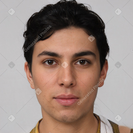 Neutral latino young-adult male with short  black hair and brown eyes