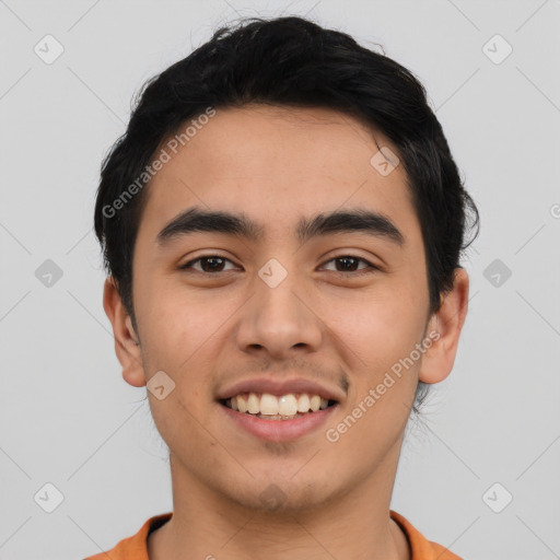 Joyful latino young-adult male with short  black hair and brown eyes