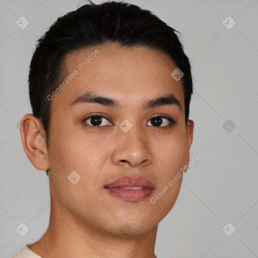 Joyful latino young-adult male with short  black hair and brown eyes