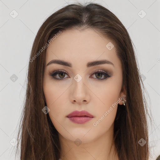 Neutral white young-adult female with long  brown hair and brown eyes