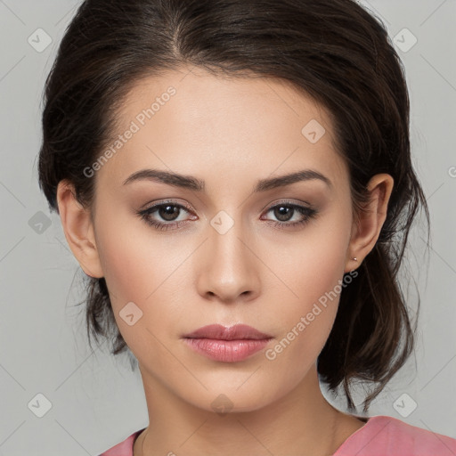 Neutral white young-adult female with medium  brown hair and brown eyes