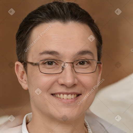 Joyful white adult female with short  brown hair and brown eyes