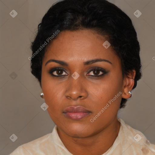 Neutral latino young-adult female with short  black hair and brown eyes