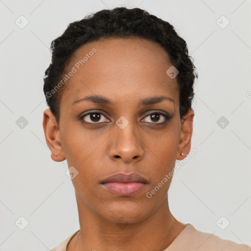 Neutral black young-adult female with short  black hair and brown eyes