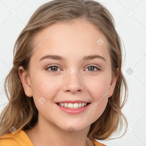 Joyful white child female with medium  brown hair and brown eyes