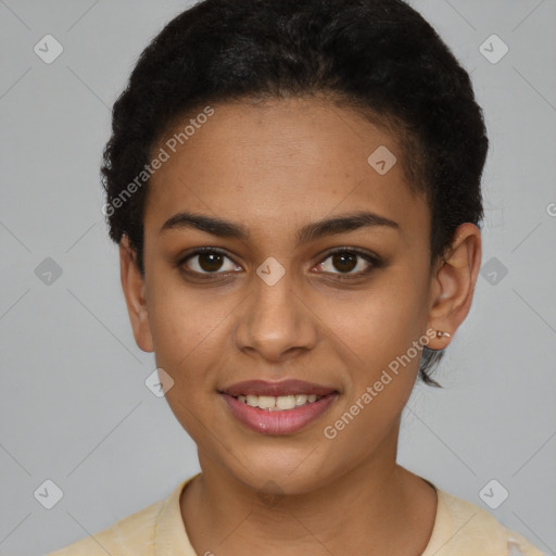 Joyful latino young-adult female with short  brown hair and brown eyes