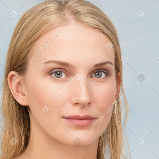 Neutral white young-adult female with long  brown hair and brown eyes