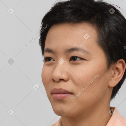 Neutral asian young-adult female with short  brown hair and brown eyes