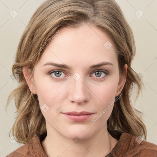 Neutral white young-adult female with medium  brown hair and grey eyes