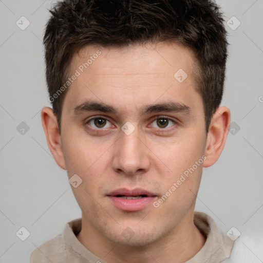 Neutral white young-adult male with short  brown hair and brown eyes