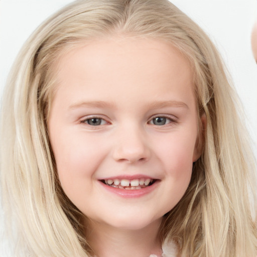 Joyful white child female with long  blond hair and blue eyes