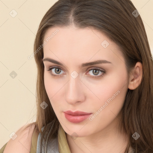 Neutral white young-adult female with long  brown hair and brown eyes