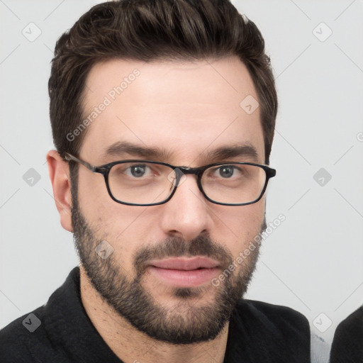 Neutral white young-adult male with short  brown hair and grey eyes