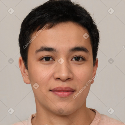 Joyful latino young-adult male with short  brown hair and brown eyes