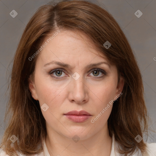 Neutral white young-adult female with medium  brown hair and brown eyes