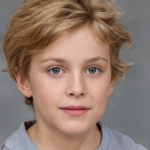 Joyful white child female with medium  brown hair and blue eyes